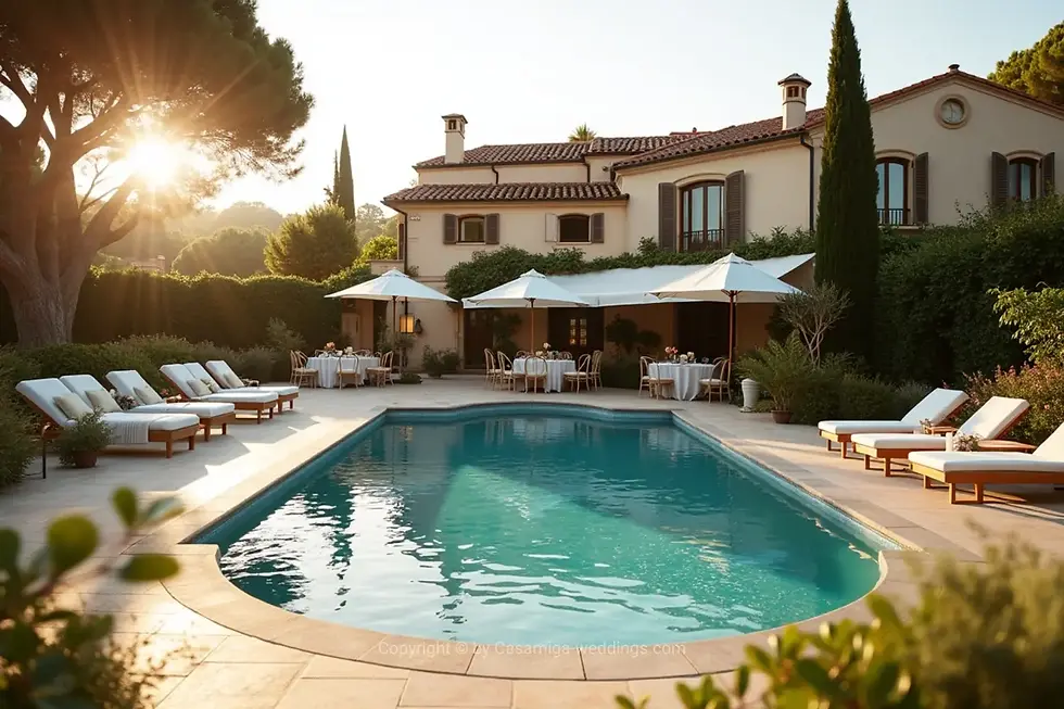Wide angle view of a Mediterranean villa with pool and garden setup for a wedding reception - Mediterranean villa wedding reception setup with pool and garden by Casamiga Weddings