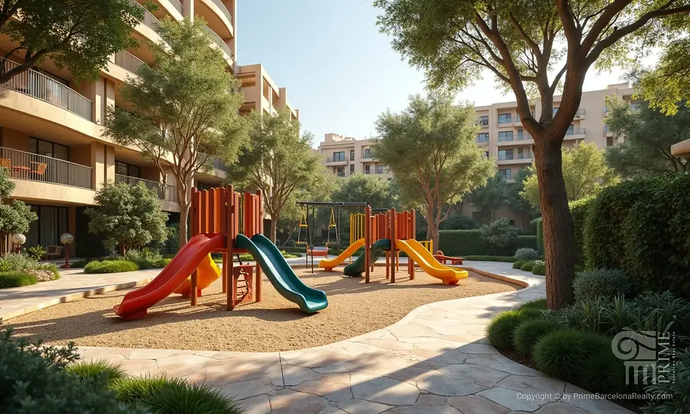 Modern office building in the Barcelona business district | Prime Barcelona Real Estate. Playground with colorful slides and swings in a sunny courtyard surrounded by trees and modern buildings, creating a tranquil atmosphere.