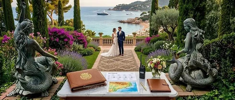 Costa Brava villa wedding terrace ceremony Casamiga Weddings. A couple in wedding attire gaze at each other in a garden setting with a sea view. Mermaid statues, flowers, and a map decorate the foreground.