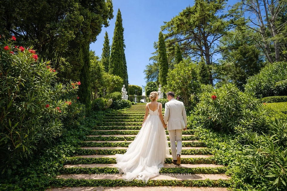 Wedding ceremony on Mermaid Staircase at Jardines de Santa Clotilde, Lloret de Mar, Costa Brava