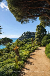 Aerial view of sea cliffs below wedding ceremony pavilion at Jardines Marimurtra, Blanes, Costa Brava