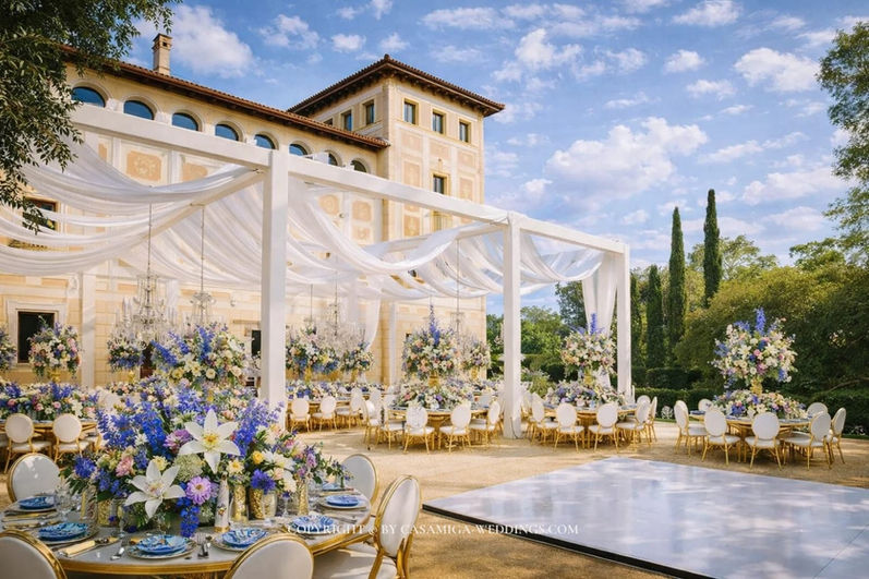 Wedding ceremony under pergola in garden at Bell Recó estate, Argentona, Maresme, near Barcelona Spain