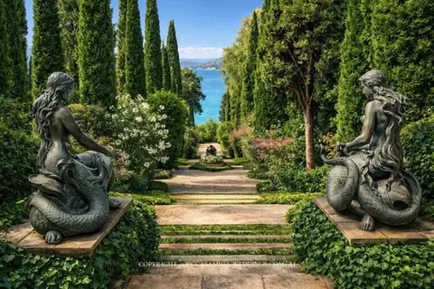Garden staircase with classical sculptures at Jardines de Santa Clotilde wedding ceremony venue, Lloret de Mar, Costa Brava Spain