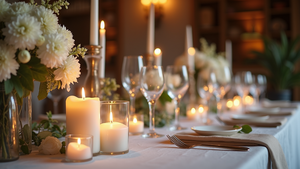 Close-up view of a beautifully decorated wedding table with candles and flowers