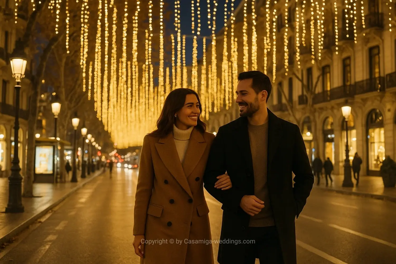 Evening stroll through Passeig de Gràcia, under golden Christmas lights
