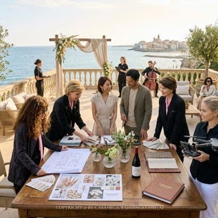 Casamiga Weddings is planning a coastal ceremony setup for an international couple near Sitges, Spain. Wedding planners review layouts on a seaside terrace, with ceremony arch, cello player, a drone, and a calm ocean backdrop. Foto: Personas/vestuario mejorados mediante IA