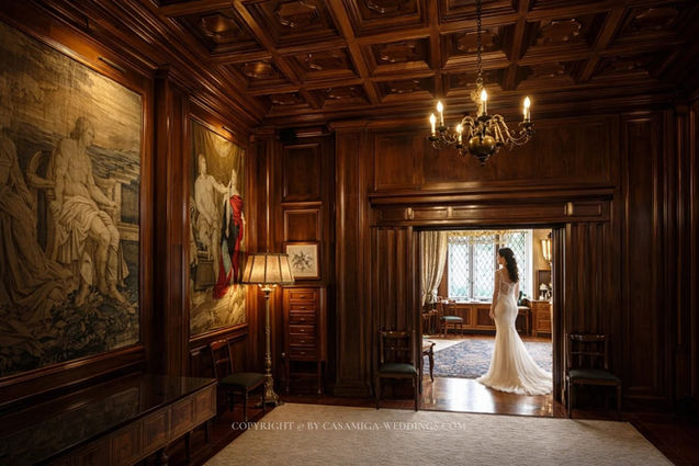 Wood-paneled hall with chandelier interior at Bell Recó historic estate, Argentona, near Barcelona Spain