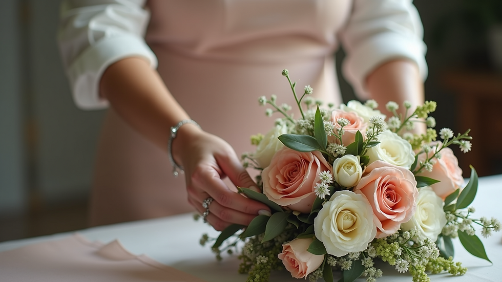 Close-up view of wedding plannerās hands arranging floral centerpiece with Casamiga Wedding Planner