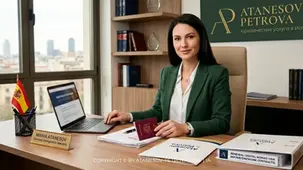 Продление Digital Nomad Visa в Испании: документы, смена работодателя и риски отказа — разбор с юристами Atanesov Petrova. Юрист в зелёном пиджаке сидит в офисе с ноутбуком и паспортом Испании; рядом флаг, документы и вывеска ATANESOV PETROVA. Foto: Personas/vestuario mejorados mediante IA
