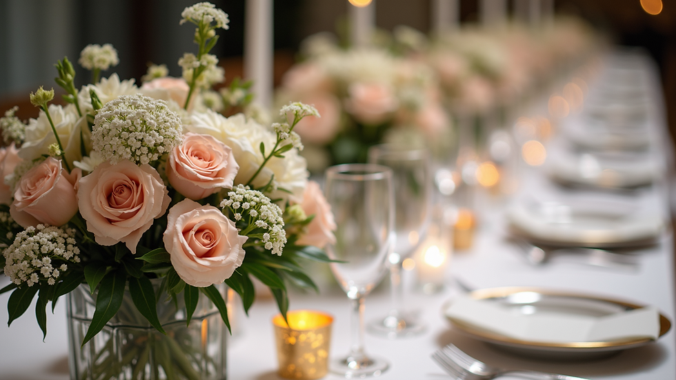 Close-up of elegant wedding floral centerpiece on a reception table