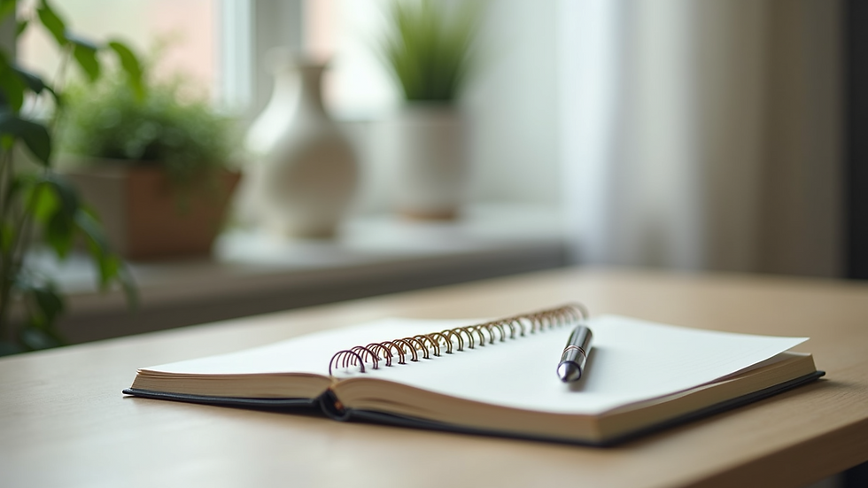 Close-up view of a therapist’s desk with a notebook, pen, and calming decor