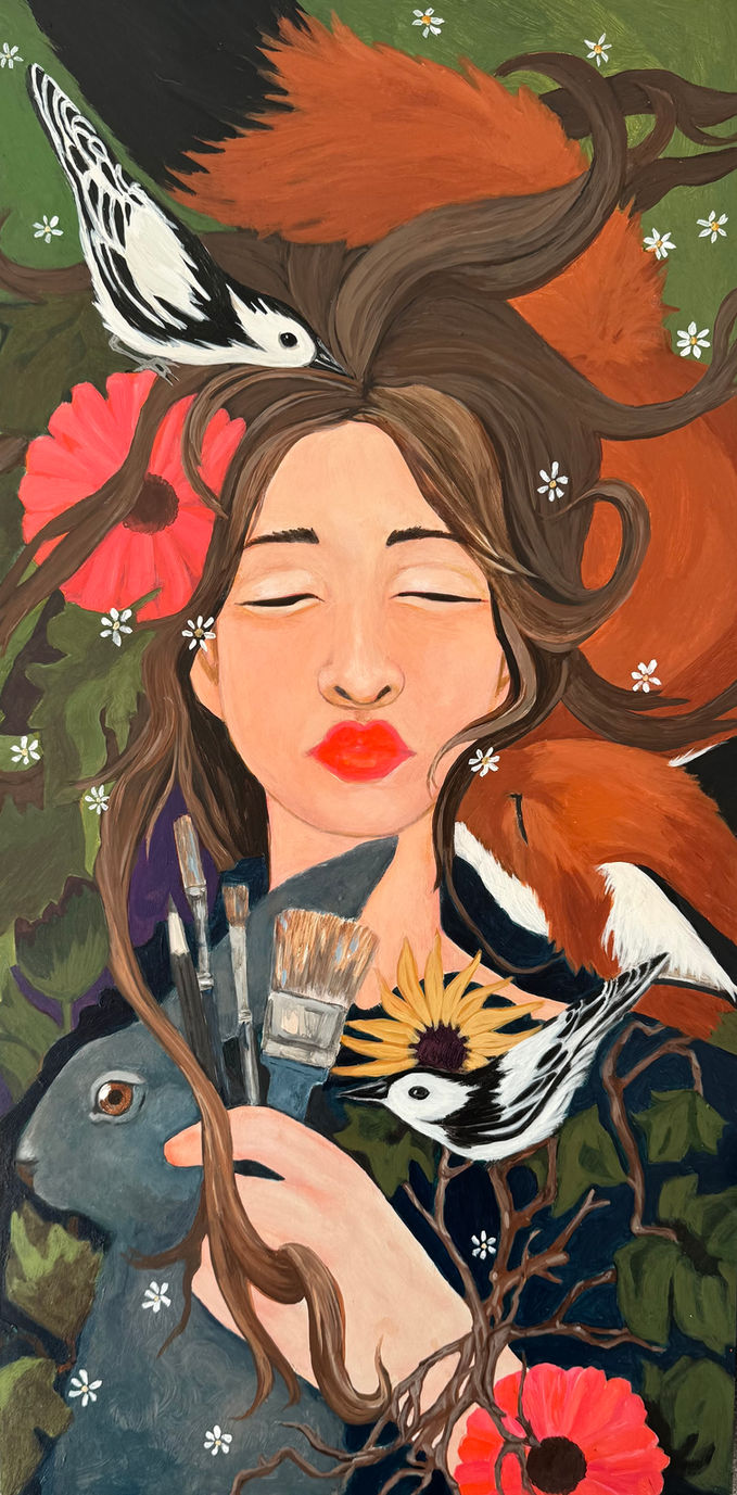 Surreal Portrait of young woman Laying down with eyes closed dreaming, Paint brushes in hand, Fox wrapped around her head nuzzling her neck asleep, Rabbit leaning against her heart, Gerbera Flower in hair and foreground, two black and white birds perched upon her with tiny white flowers falling on her as she dreams