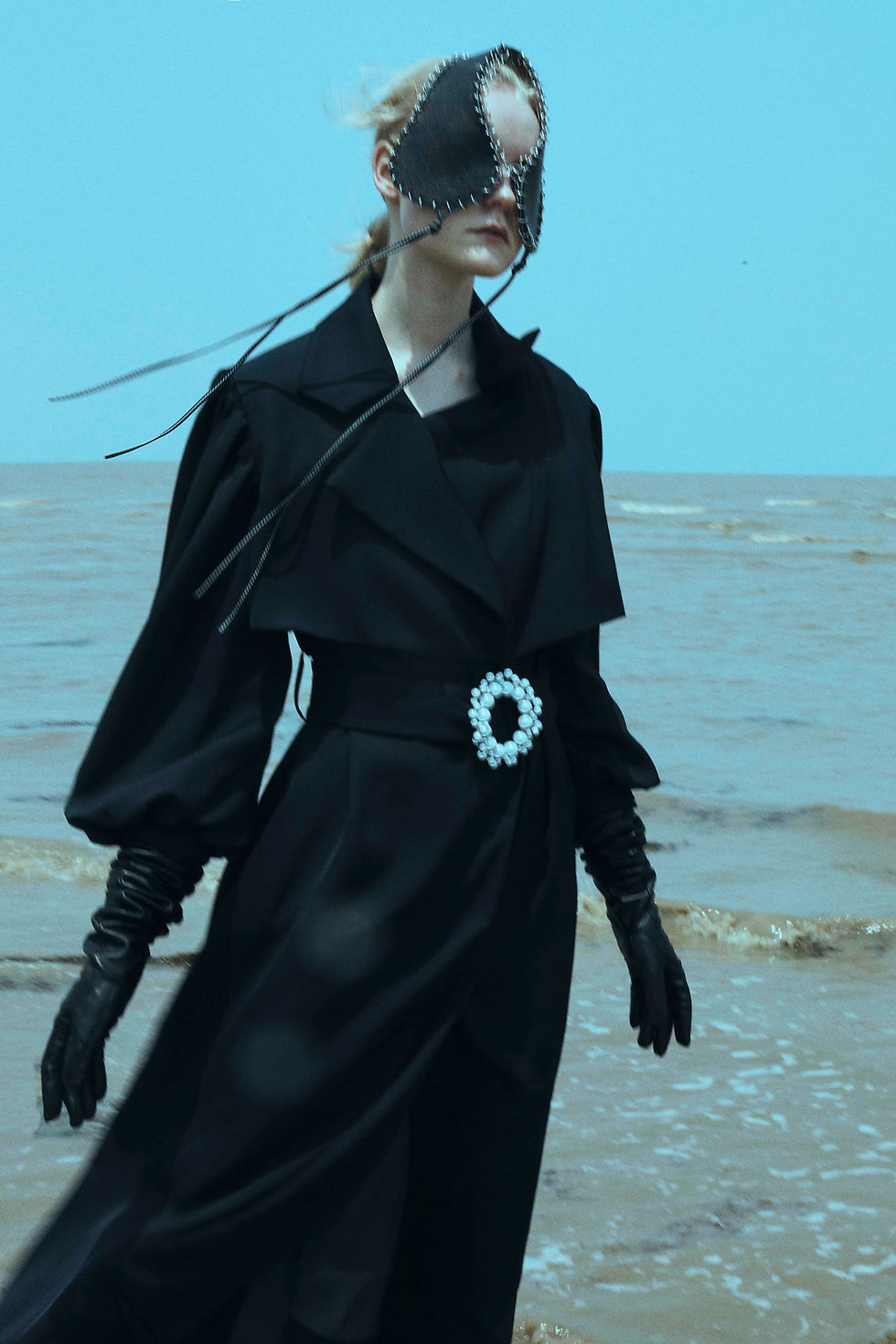 Thumbnail: Navy Wool-blended Trench Coat with Beads Ring