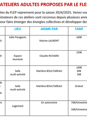 ATELIERS ADULTES PROPOSES PAR LE FLEP