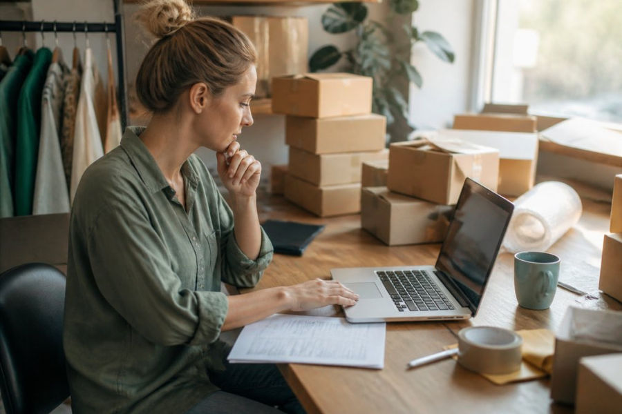 E-commerce business owner checking financial reports for outsourced bookkeeping in a home office with shipping boxes.
