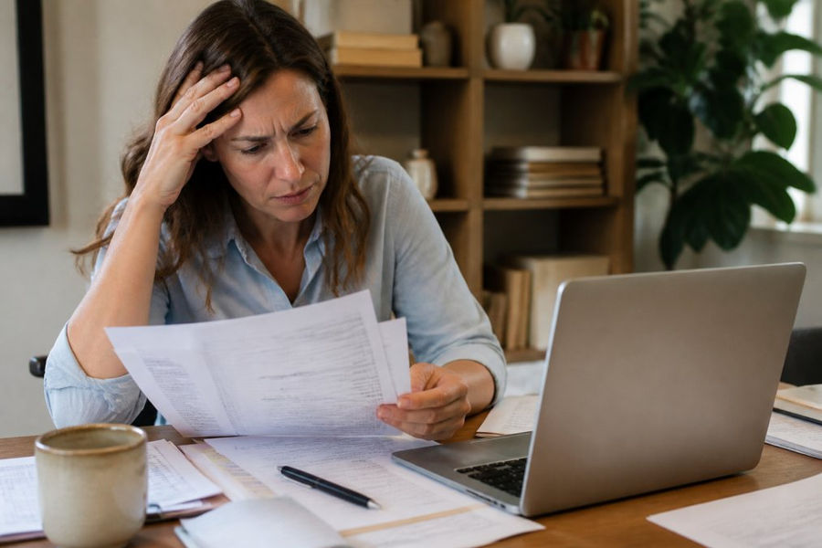 Infographic showing a frustrated business owner comparing bank statements to see if their books need cleanup