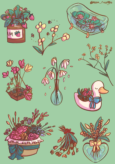 10 plant themed items on top of a green background. A jar of strawberry jam with a strawberry plant growing out of it. A twig of yellow wattle, 3 bees are flying around it. A glass bath tub, there are pink lilies and green lily pads in the bath. A wire terrarium with yellow and red flowers growing out of it. There are succulents planted in the dirt at the bottom of the terrarium. A glass vase of orange and white wilting flowers. There are petals falling from the flowers. A twig of yellow and orange berries. A duck planter, the duck is wearing a blue bow. There are succulents and red flowers planted on the ducks back. A big basket of red, yellow and blue flowers. There is a green bow around the basket. A bouquet of orange flowers. A glass heart vase, there are yellow flowers and berries in the vase with green leaves. The vase has a yellow bow around it.
