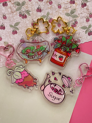 Lilly Bath keychain, Strawberry Jam Keychain, Chocolate dipped strawberry Keychain, Heart Sugar Keychain