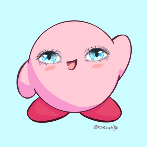 A pink orb cartoon character. He is in front of a Blue background. He has realistic painted blue eyes