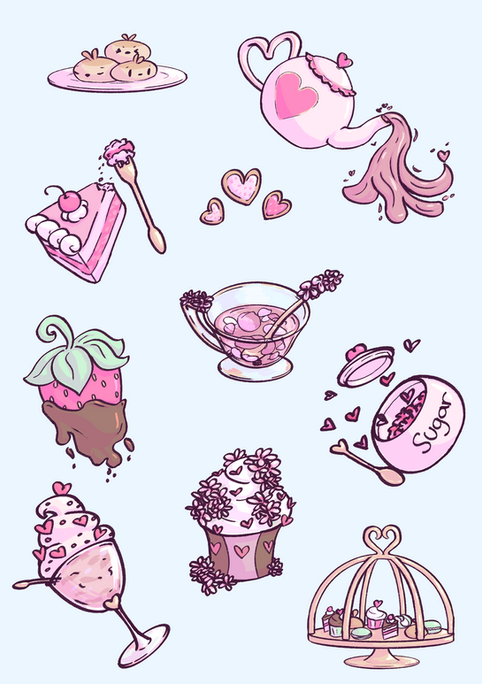 a collection of 10 pink tea party items on a blue background. A plate of three breads that look like bunnies. A tea pot with a big heart on the side, a heart handle, and heart lid. There is pink tea pouring from the spout. A pink slice of cake with a cherry on top. There is a gold fork next to it with cake on it. Three heart shaped sugar cookies. A glass teacup of tea with flower petals in it. There is a spoon in the tea with flowers on the handle. A strawberry covered in dripping chocolate. A sugar jar with the lid coming off. the lid has a heart on it, small heart shaped sugars are coming out of the jar. There is a gold spoon next to the jar. A sundae with a lot of cream on top, heart sprinkles and a heart themed spoon. A flower themed cupcake, the cupcake is brown and pink. A gold cage for desserts, there is a range of small deserts in the cage.