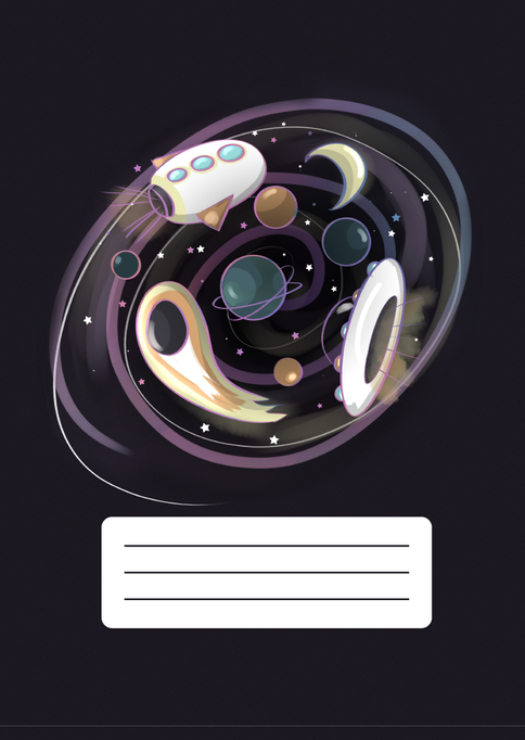 A Rocketship, Ufo, Comet, moon and 5 planets circle around a vortex. They are white, yellow, orange and green. They are on a dark blue background with space to write the notebooks name underneath.