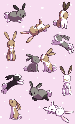 A collection of bunnies, the bunnies are tan, white, grey and black. Some bunnies are sitting, some laying down, some jumping, and two bunnies are kissing.