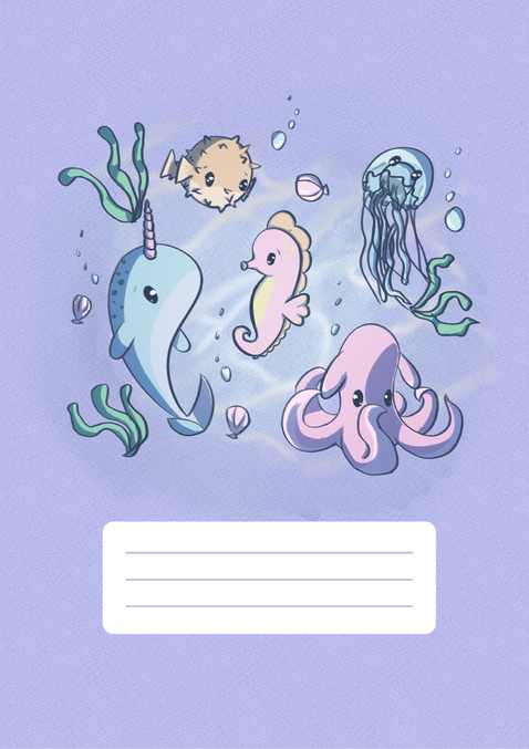 A blue narwhal, orange pufferfish, blue jellyfish, pink seahorse and pink dumbo octopus swim together. They are surrounded by seaweed, shells and bubbles. They are on a purplish blue background with space to write the name of the notebook underneath.
