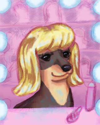 A dachshund dog wearing a blonde wig staring into the viewer with a gorgeous gaze