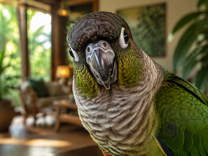 Curious green-cheek conure looking directly at the camera