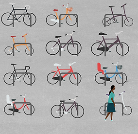 A woman leans her bike against the bike stand, next to many other bikes, not 2 the same