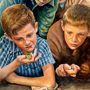 Watercolor fine art original painting by Jon Crocker of four children playing a very intense game of marbles. Nostalgia for a time when schoolyard games meant everything.