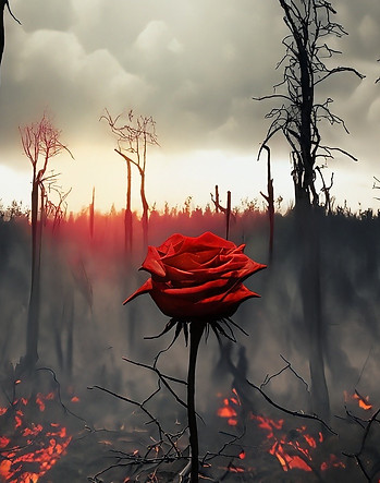 Firefly a burnt forest with dark skies and sunlight peeking through, with one singe red ro