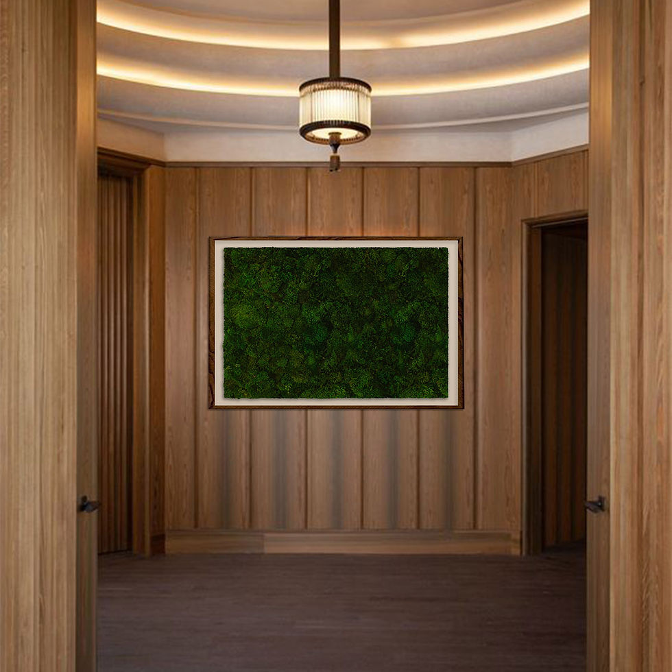48” x 72” framed preserved moss wall art displayed in a wood-paneled hallway, adding a wabi-sabi touch and natural biophilic texture to a hotel or wellness interior.