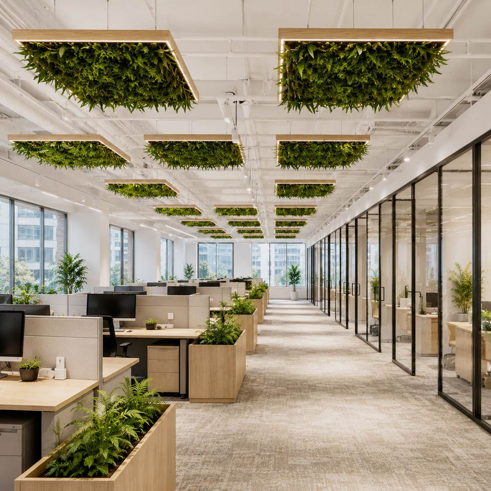 Front-lit ceiling panels suspended above a modern open office workspace