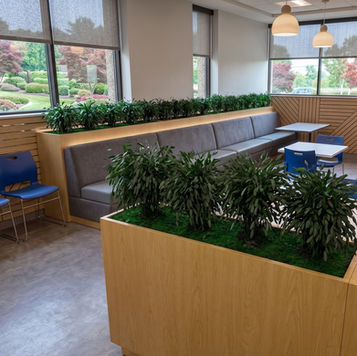 Modern office seating area with wood planters filled with lush greenery beside booth seating.