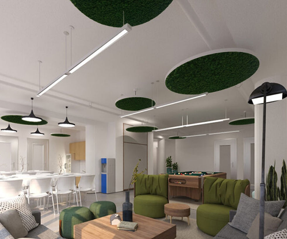 Circular AcoustiNature acoustic moss ceiling panels at Elevate Point, designed to improve sound comfort in a wellness-focused interior.