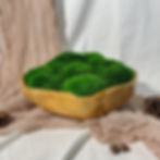 Large organic wood bowl filled with lush preserved bun moss in mixed green tones, styled with natural linen fabric and pine cones for rustic home decor centerpiece