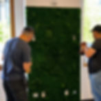 Installation team customizing moss wall cutouts on-site to fit existing electrical outlets and wall conditions.