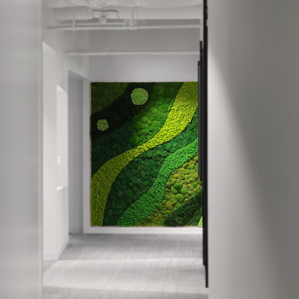 Seamless Moss wall with preserved green moss and flowing pattern viewed from hallway in Colliers office interior.