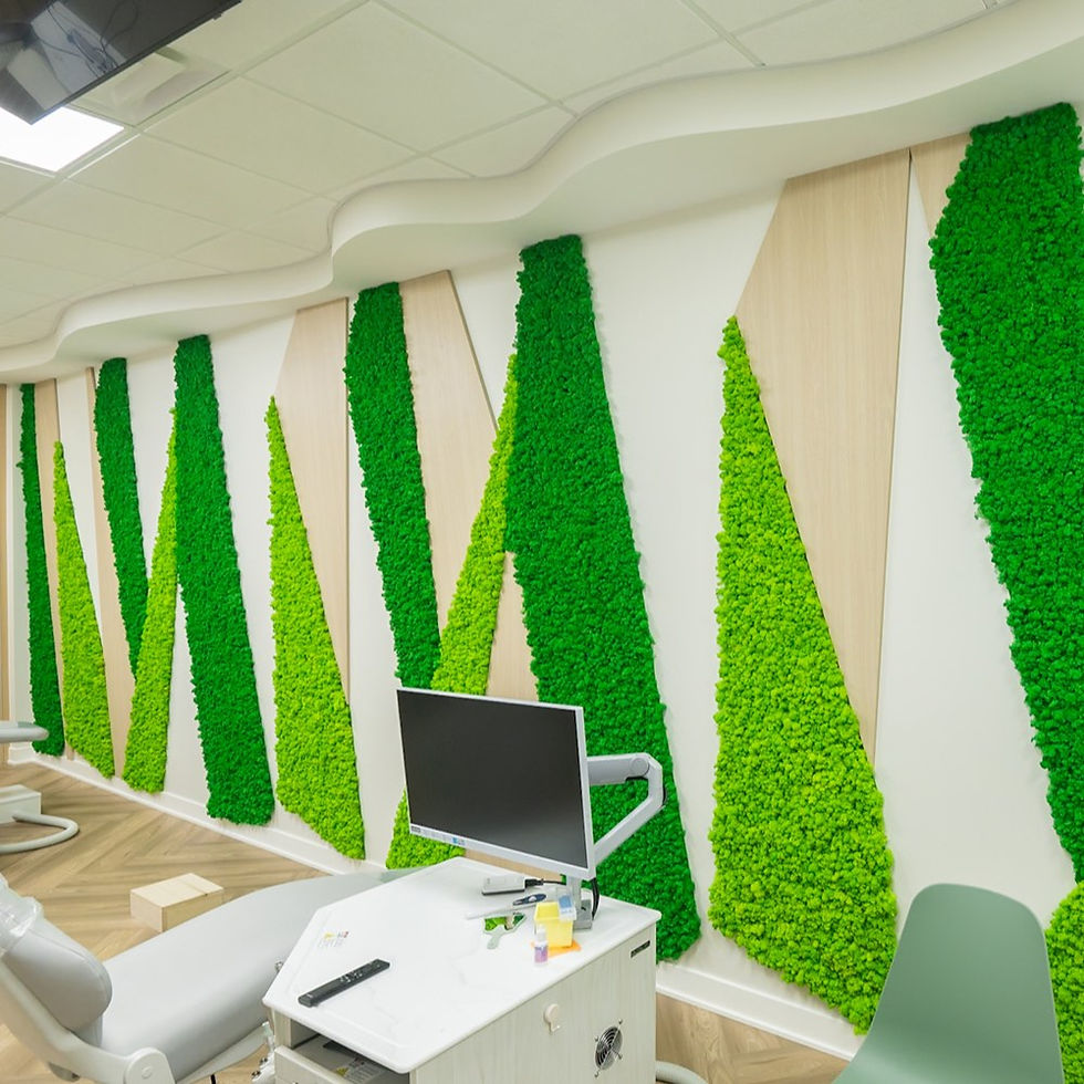 Solid-color reindeer moss wall with geometric triangular pattern in modern dental treatment room creating calming biophilic environment for patients