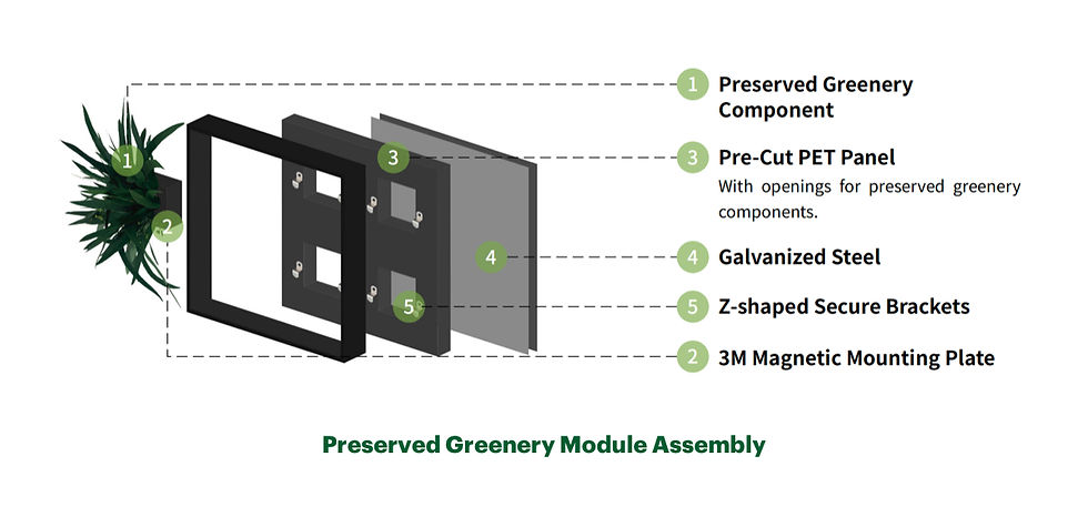 Exploded view of preserved greenery module assembly showing magnetic mounting system, PET panel cutouts, secure brackets, and galvanized steel base