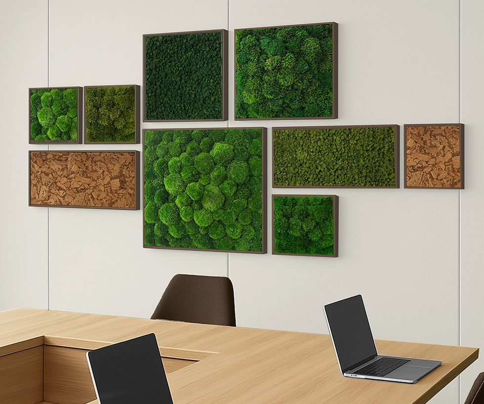 Framed preserved moss wall panels with mixed moss textures installed in a modern conference room, offering acoustic and biophilic benefits