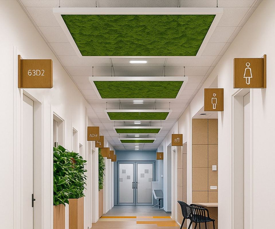 Suspended acoustic moss ceiling panels with NRC 1.0+ in a healthcare corridor, combining preserved greenery and fire-rated PET backing for biophilic and functional design