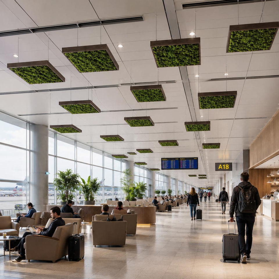 Small moss ceiling panels in a bright airport lounge and transit waiting area