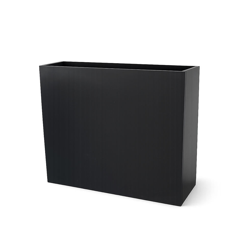 Angled view of an assembled metal planter container for preserved greenery systems.