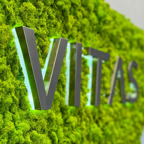 Reindeer Moss Wall with metal logo, custom Moss Sign for VITAS