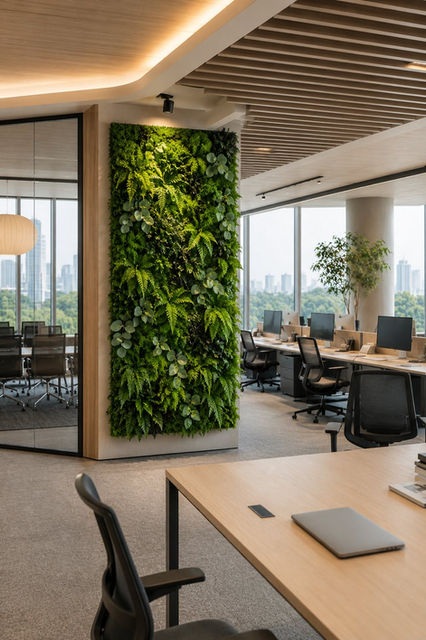 Preserved green wall installation in a modern open-plan office and workplace interior.