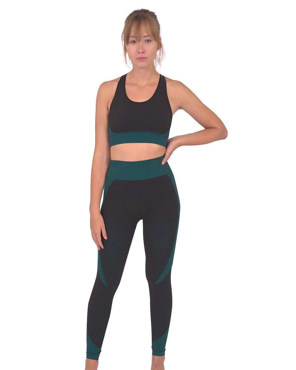 Thumbnail: Trois Seamless Leggings & Sports Top 2 Set - Black With Teal Blue