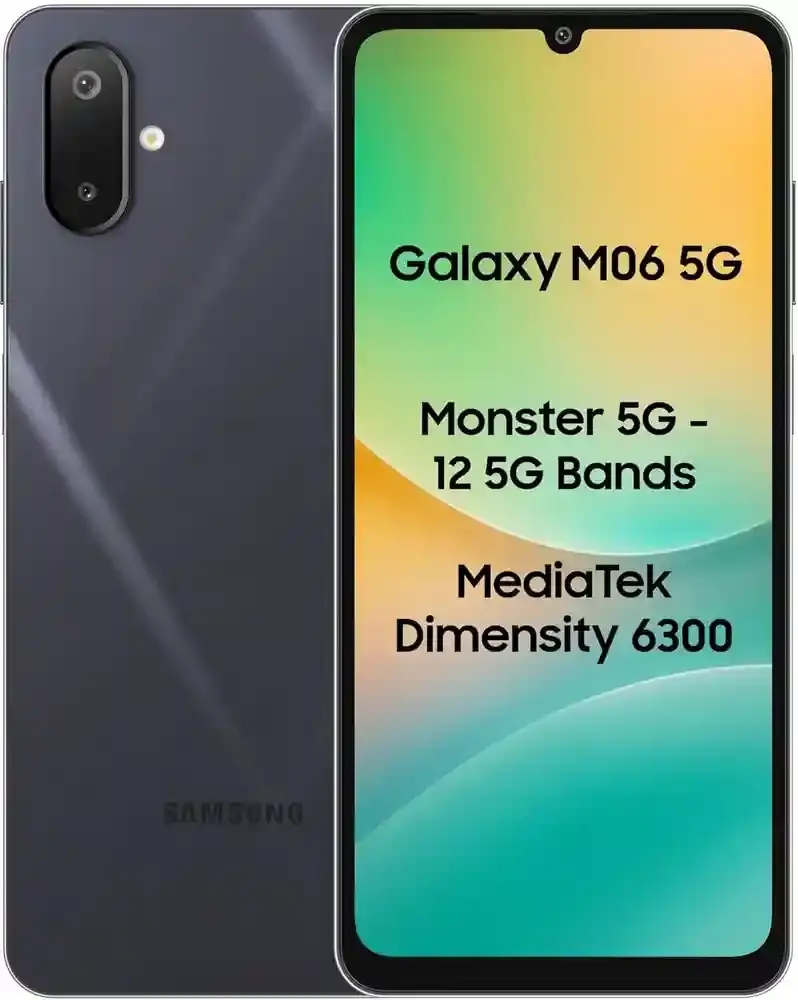 Samsung Galaxy M06 5G phone with green-orange gradient screen. Text: "Galaxy M06 5G, Monster 5G - 12 5G Bands, MediaTek Dimensity 6300".
