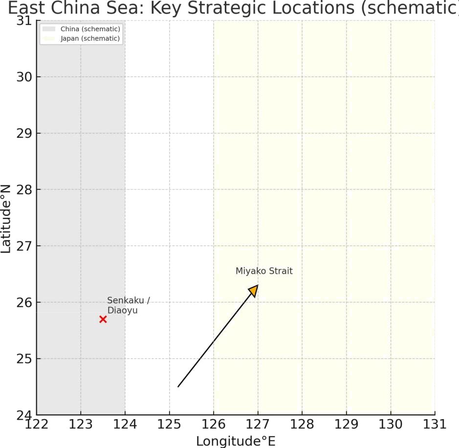 Figure 3. The East China Sea, rendered here in schematic form, compresses history and geography into a few degrees of latitude. The red dot of the Senkaku Islands sits like a loose button on a jacket —too small to protect itself, yet capable of unravelling the larger garment should someone tug too hard.